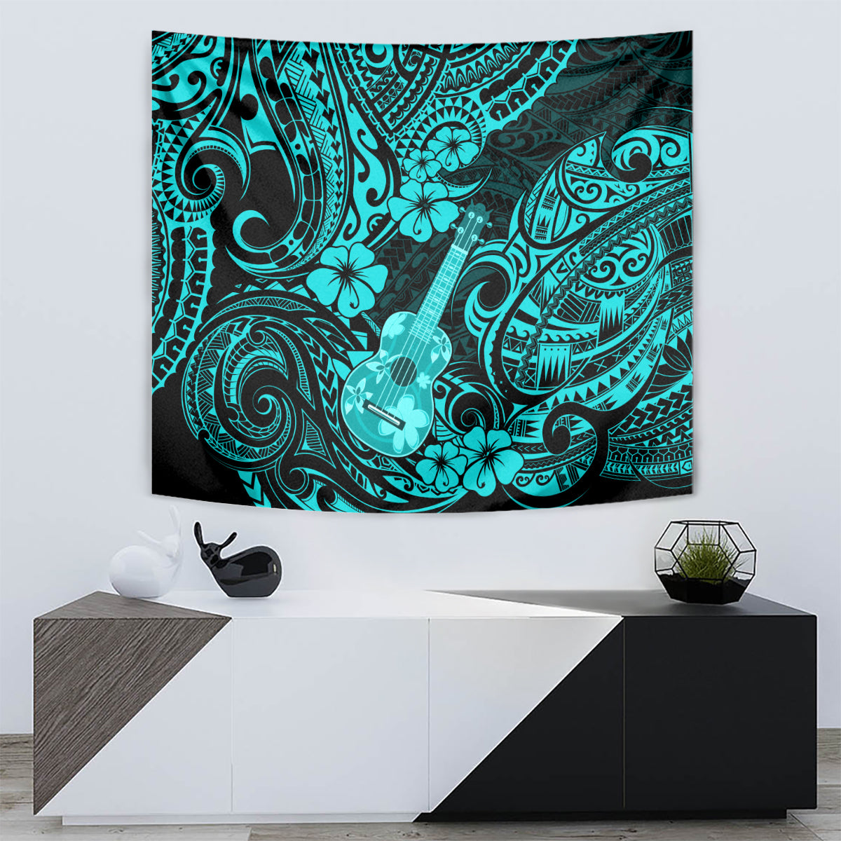 Hawaii Ukulele Tapestry Polynesian Pattern Turquoise Version - Wonder Print Shop