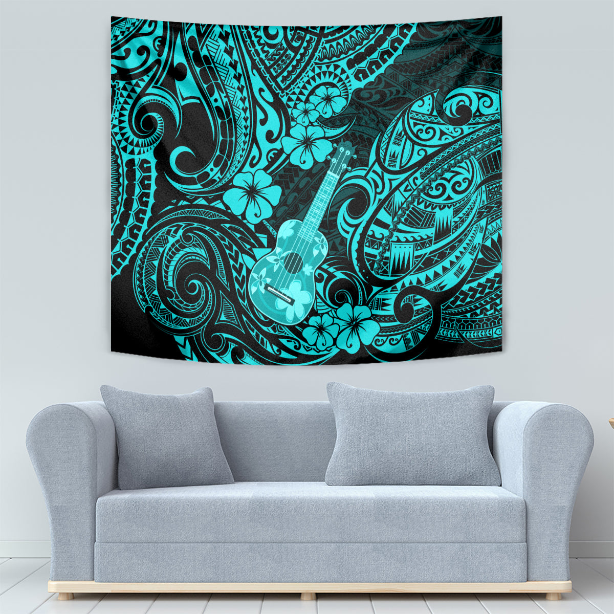 Hawaii Ukulele Tapestry Polynesian Pattern Turquoise Version - Wonder Print Shop