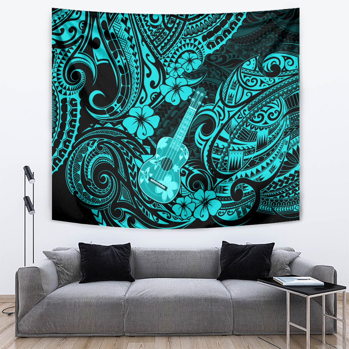 Hawaii Ukulele Tapestry Polynesian Pattern Turquoise Version - Wonder Print Shop