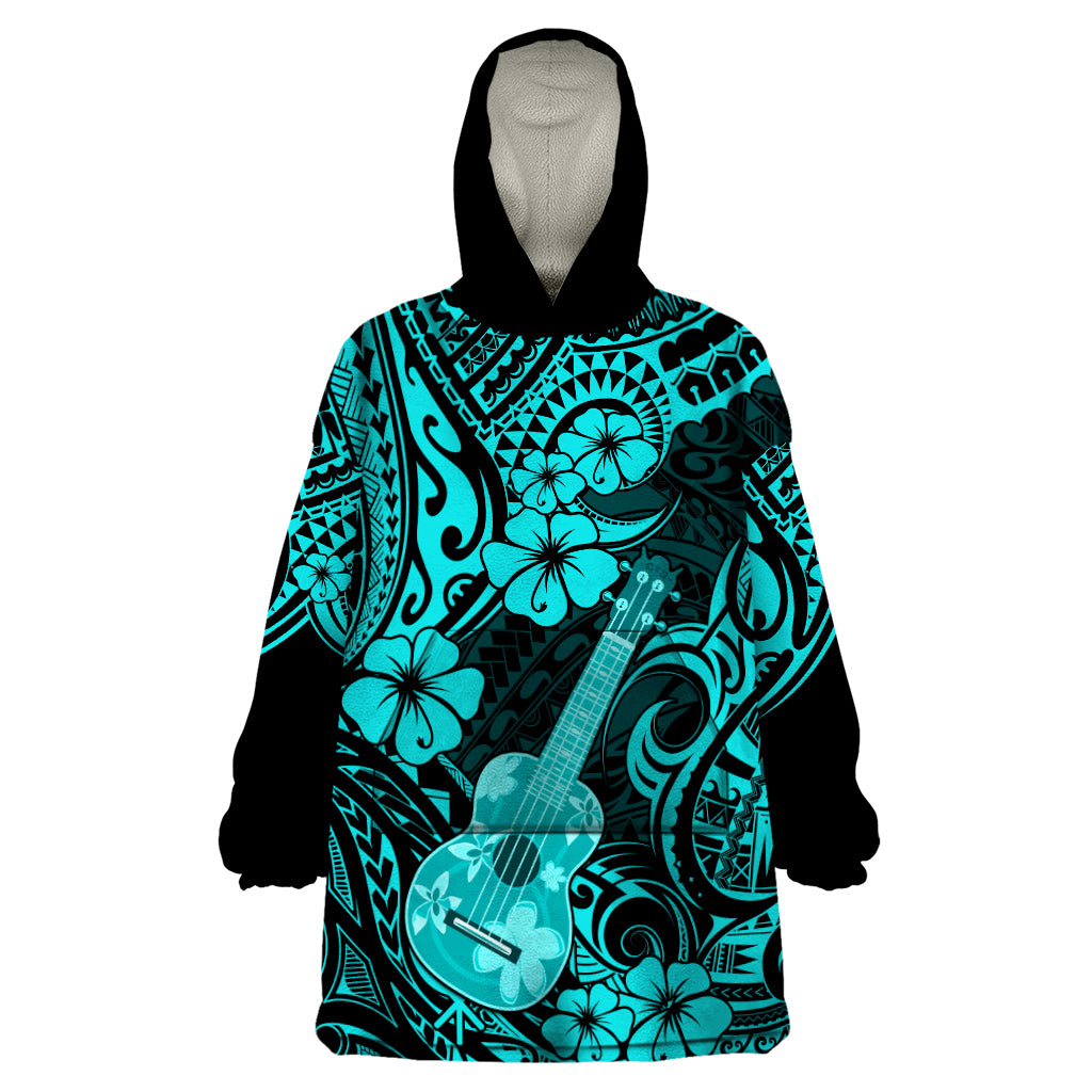 Hawaii Ukulele Wearable Blanket Hoodie Polynesian Pattern Turquoise Version - Wonder Print Shop