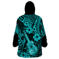 Hawaii Ukulele Wearable Blanket Hoodie Polynesian Pattern Turquoise Version - Wonder Print Shop