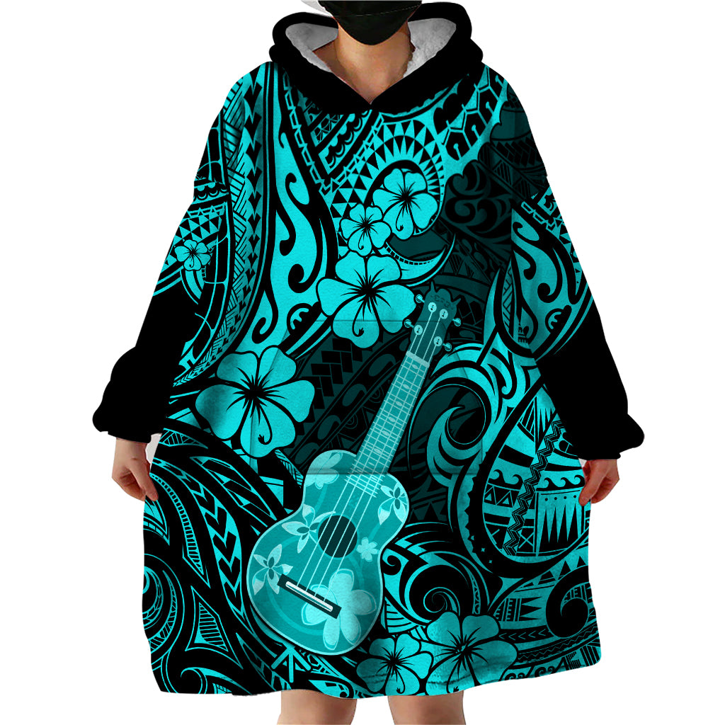 Hawaii Ukulele Wearable Blanket Hoodie Polynesian Pattern Turquoise Version - Wonder Print Shop