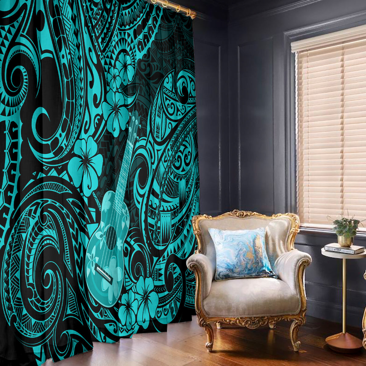 Hawaii Ukulele Window Curtain Polynesian Pattern Turquoise Version - Wonder Print Shop