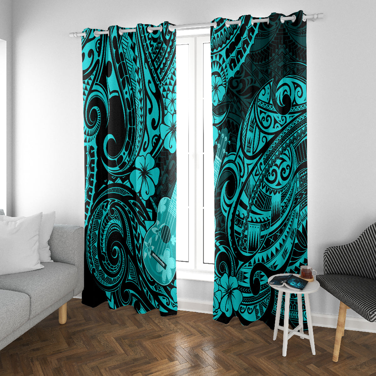 Hawaii Ukulele Window Curtain Polynesian Pattern Turquoise Version - Wonder Print Shop