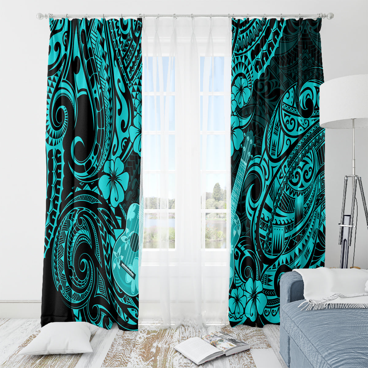 Hawaii Ukulele Window Curtain Polynesian Pattern Turquoise Version - Wonder Print Shop