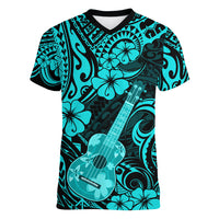 Hawaii Ukulele Women V Neck T Shirt Polynesian Pattern Turquoise Version - Wonder Print Shop