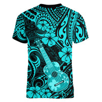 Hawaii Ukulele Women V Neck T Shirt Polynesian Pattern Turquoise Version - Wonder Print Shop