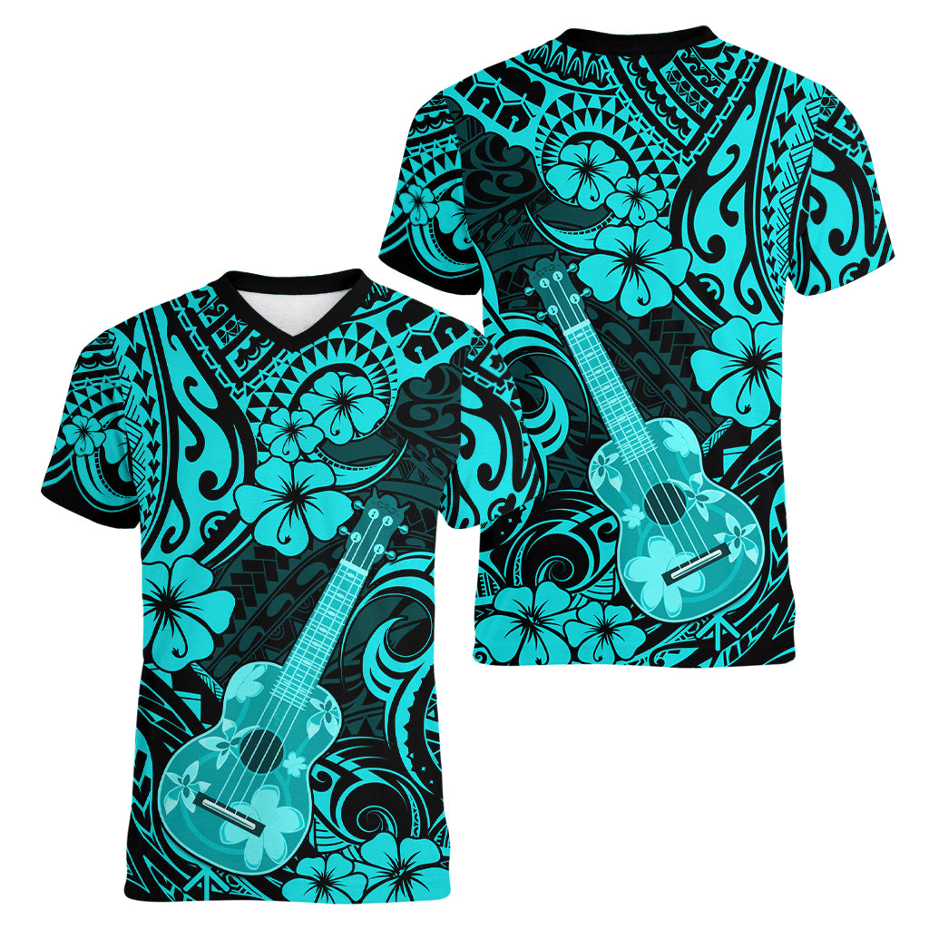 Hawaii Ukulele Women V Neck T Shirt Polynesian Pattern Turquoise Version - Wonder Print Shop