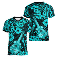 Hawaii Ukulele Women V Neck T Shirt Polynesian Pattern Turquoise Version - Wonder Print Shop