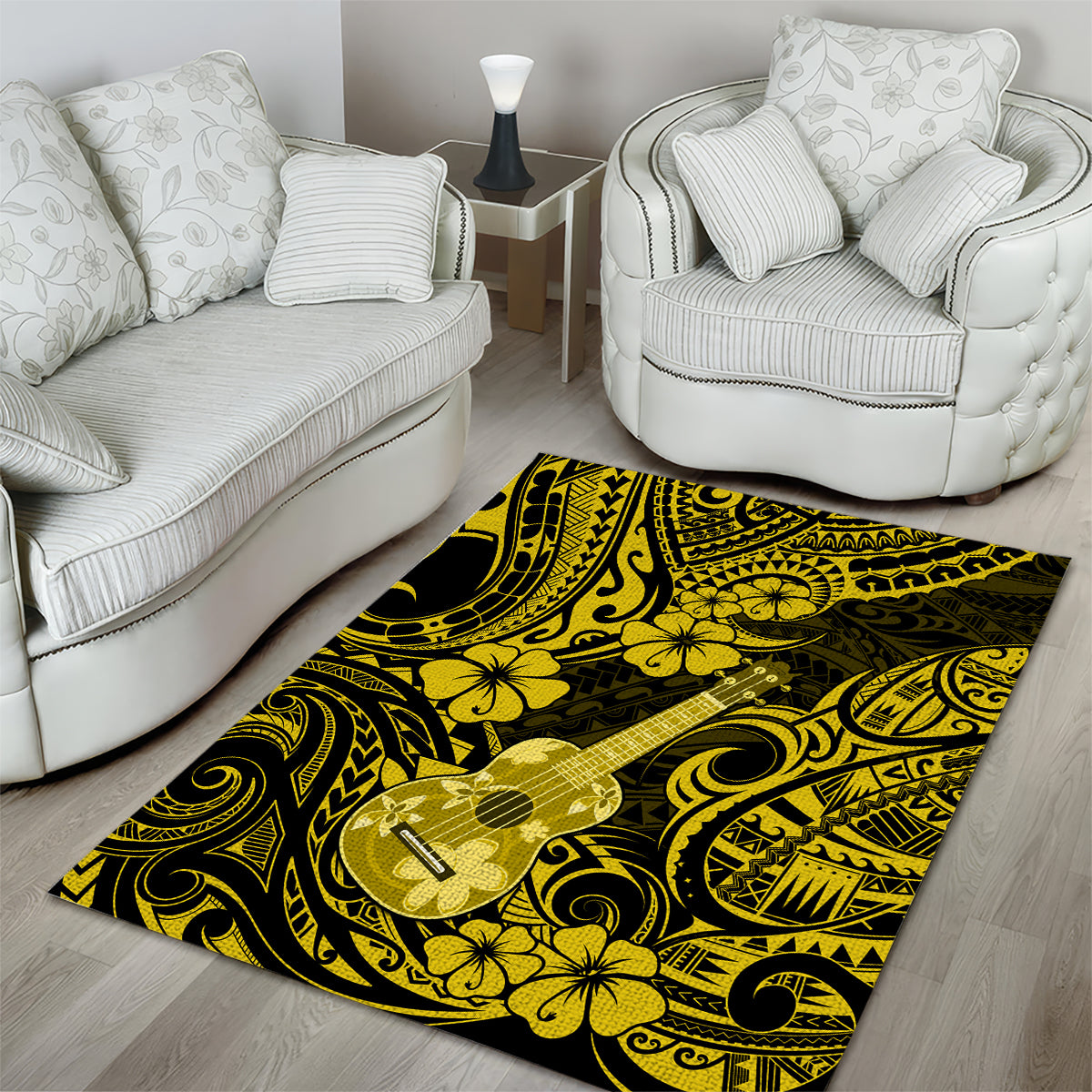 Hawaii Ukulele Area Rug Polynesian Pattern Yellow Version - Wonder Print Shop