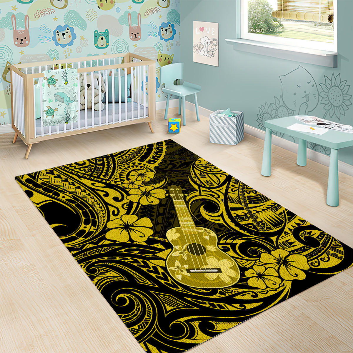 Hawaii Ukulele Area Rug Polynesian Pattern Yellow Version - Wonder Print Shop