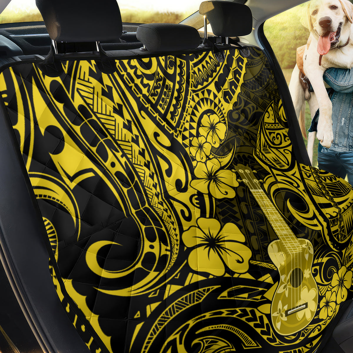 Hawaii Ukulele Back Car Seat Cover Polynesian Pattern Yellow Version - Wonder Print Shop