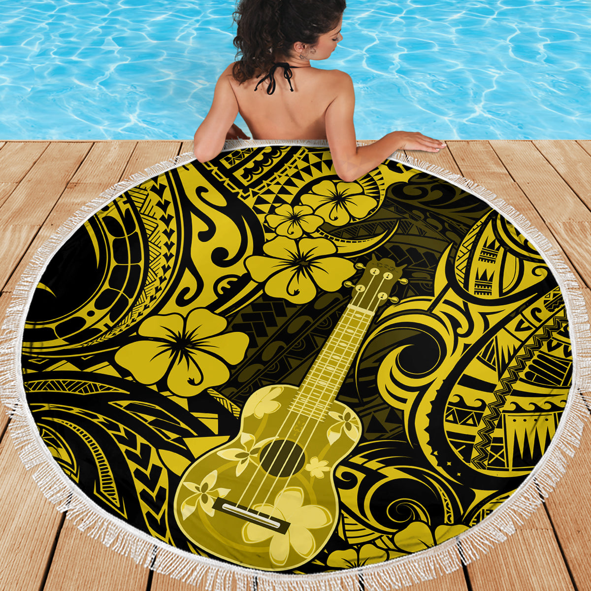 Hawaii Ukulele Beach Blanket Polynesian Pattern Yellow Version - Wonder Print Shop