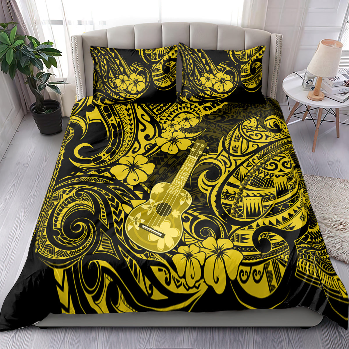 Hawaii Ukulele Bedding Set Polynesian Pattern Yellow Version - Wonder Print Shop