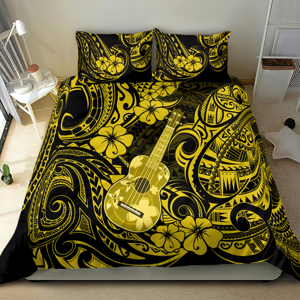 Hawaii Ukulele Bedding Set Polynesian Pattern Yellow Version - Wonder Print Shop