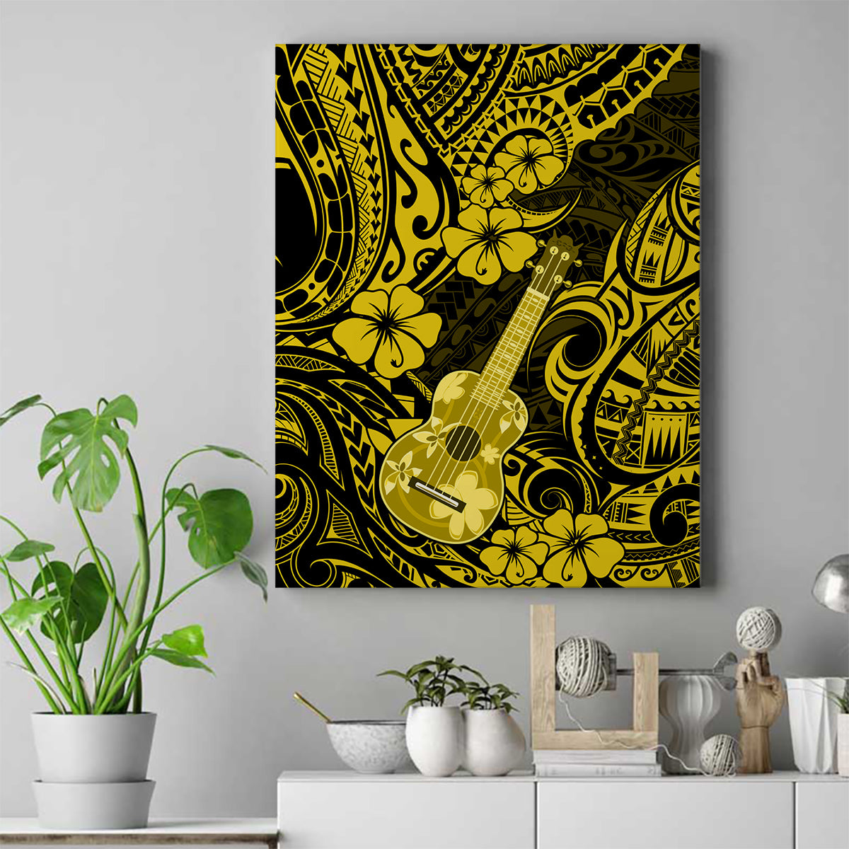 Hawaii Ukulele Canvas Wall Art Polynesian Pattern Yellow Version - Wonder Print Shop