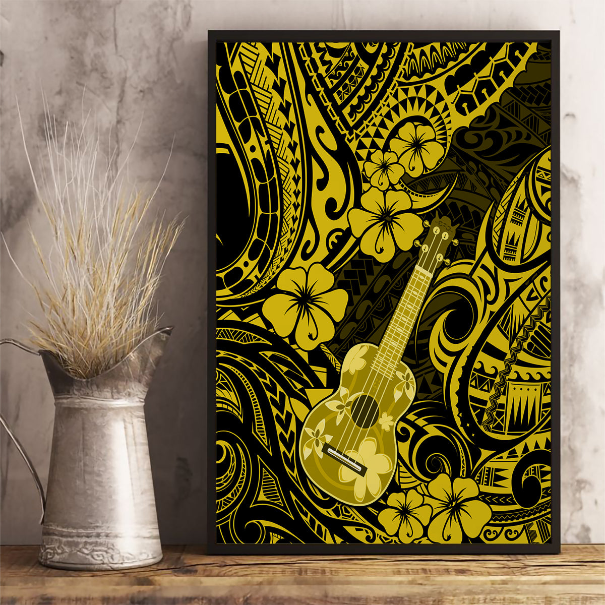 Hawaii Ukulele Canvas Wall Art Polynesian Pattern Yellow Version - Wonder Print Shop