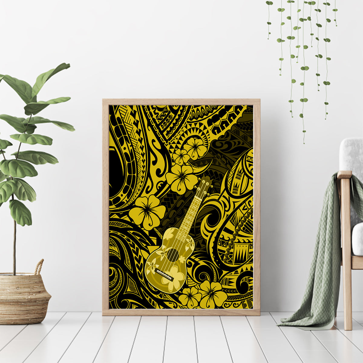Hawaii Ukulele Canvas Wall Art Polynesian Pattern Yellow Version - Wonder Print Shop