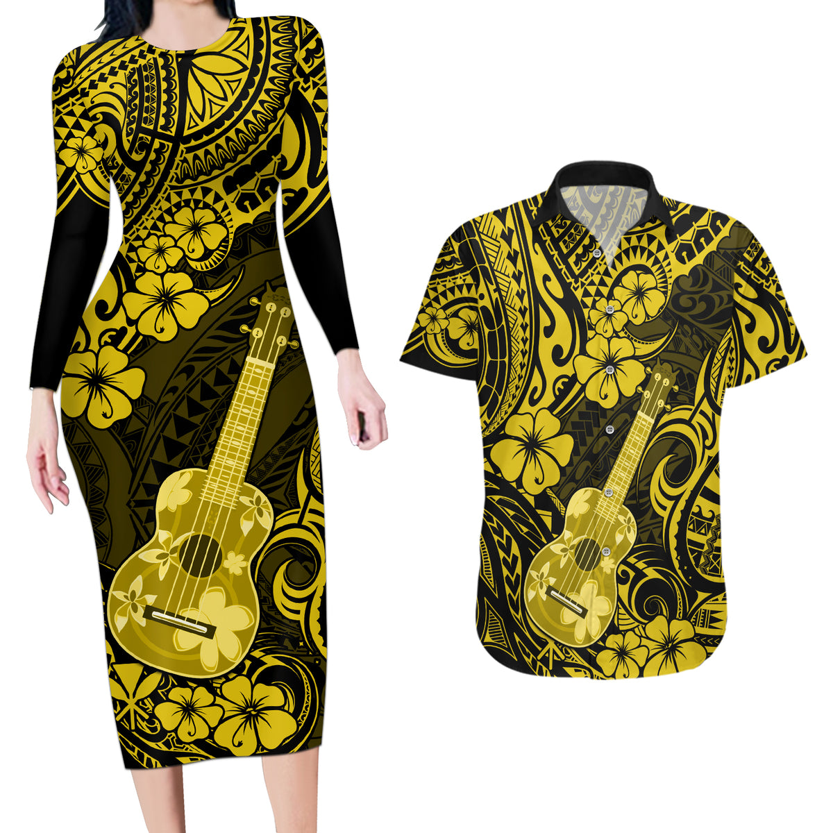 Hawaii Ukulele Couples Matching Long Sleeve Bodycon Dress and Hawaiian Shirt Polynesian Pattern Yellow Version - Wonder Print Shop