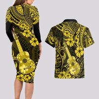 Hawaii Ukulele Couples Matching Long Sleeve Bodycon Dress and Hawaiian Shirt Polynesian Pattern Yellow Version - Wonder Print Shop