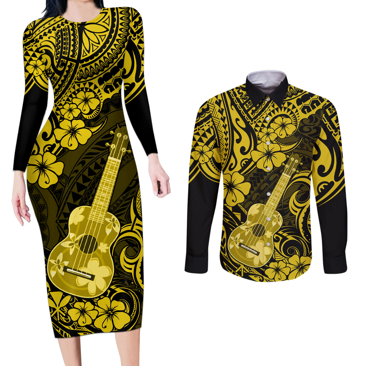 Hawaii Ukulele Couples Matching Long Sleeve Bodycon Dress and Long Sleeve Button Shirts Polynesian Pattern Yellow Version - Wonder Print Shop