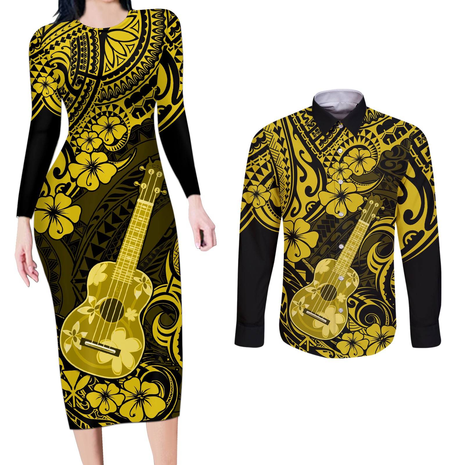 Hawaii Ukulele Couples Matching Long Sleeve Bodycon Dress and Long Sleeve Button Shirts Polynesian Pattern Yellow Version - Wonder Print Shop