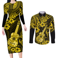 Hawaii Ukulele Couples Matching Long Sleeve Bodycon Dress and Long Sleeve Button Shirts Polynesian Pattern Yellow Version - Wonder Print Shop