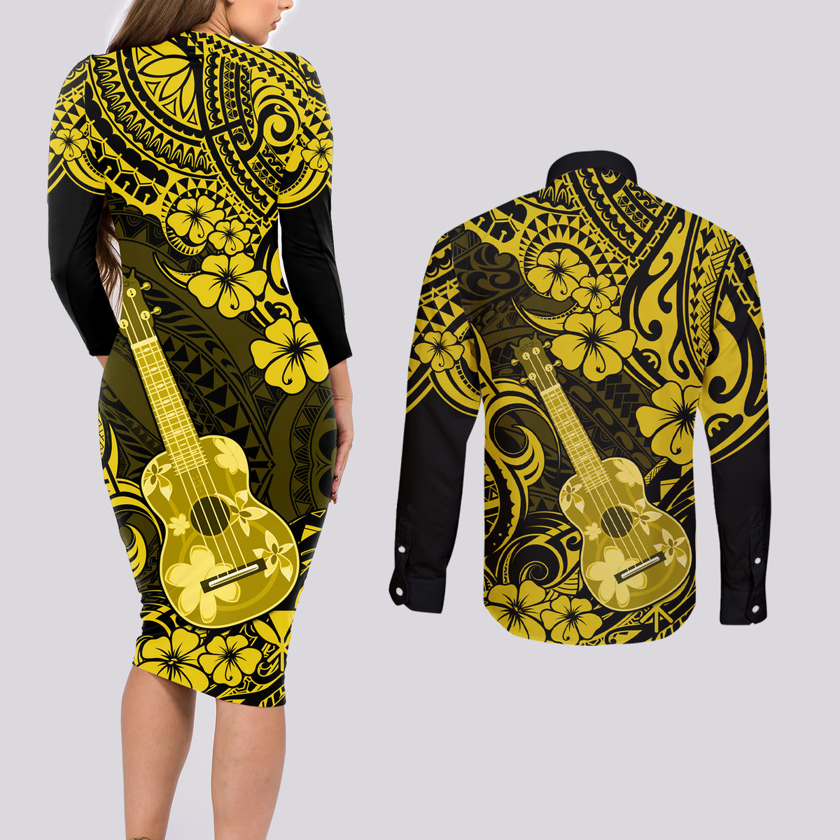 Hawaii Ukulele Couples Matching Long Sleeve Bodycon Dress and Long Sleeve Button Shirts Polynesian Pattern Yellow Version - Wonder Print Shop