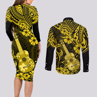 Hawaii Ukulele Couples Matching Long Sleeve Bodycon Dress and Long Sleeve Button Shirts Polynesian Pattern Yellow Version - Wonder Print Shop