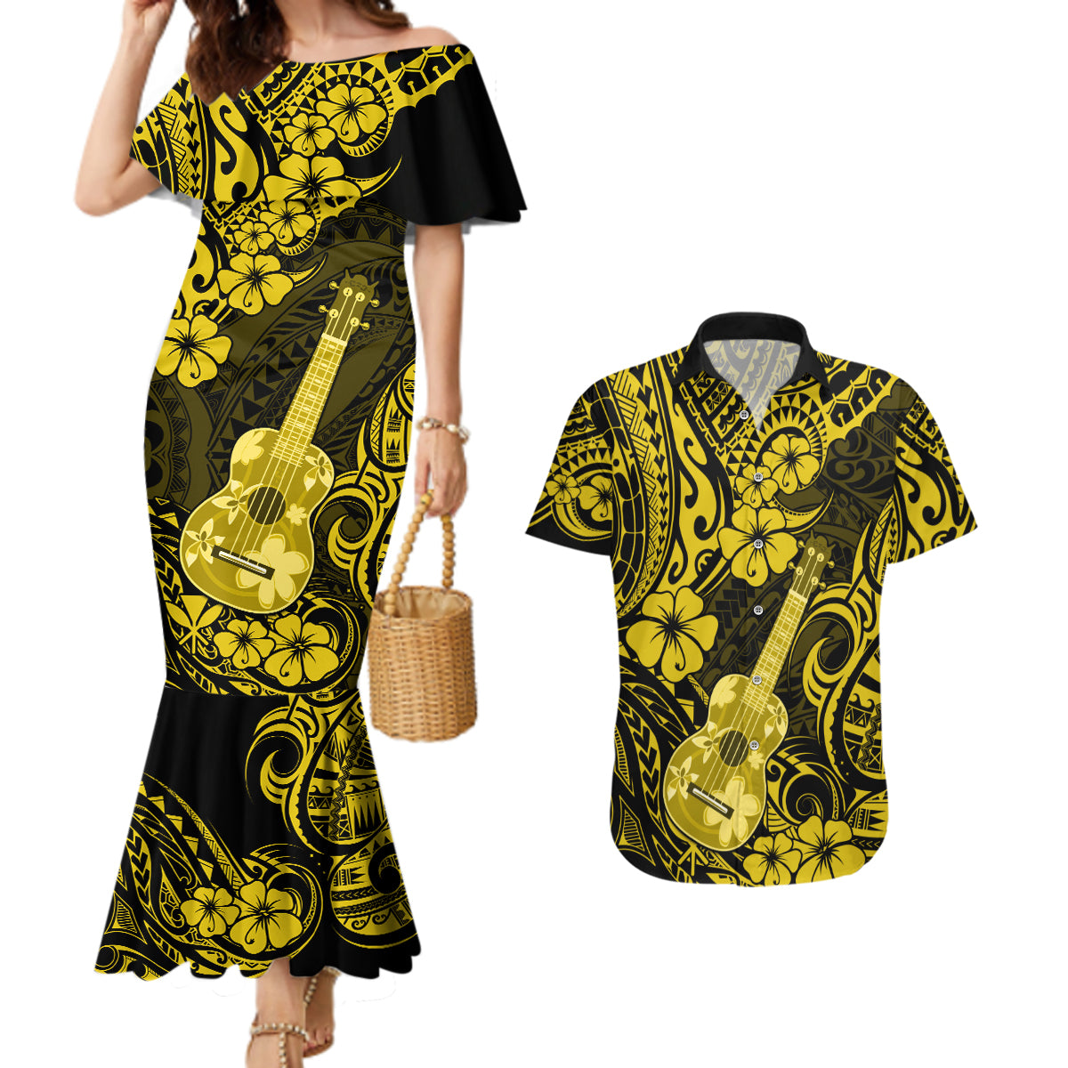Hawaii Ukulele Couples Matching Mermaid Dress and Hawaiian Shirt Polynesian Pattern Yellow Version - Wonder Print Shop
