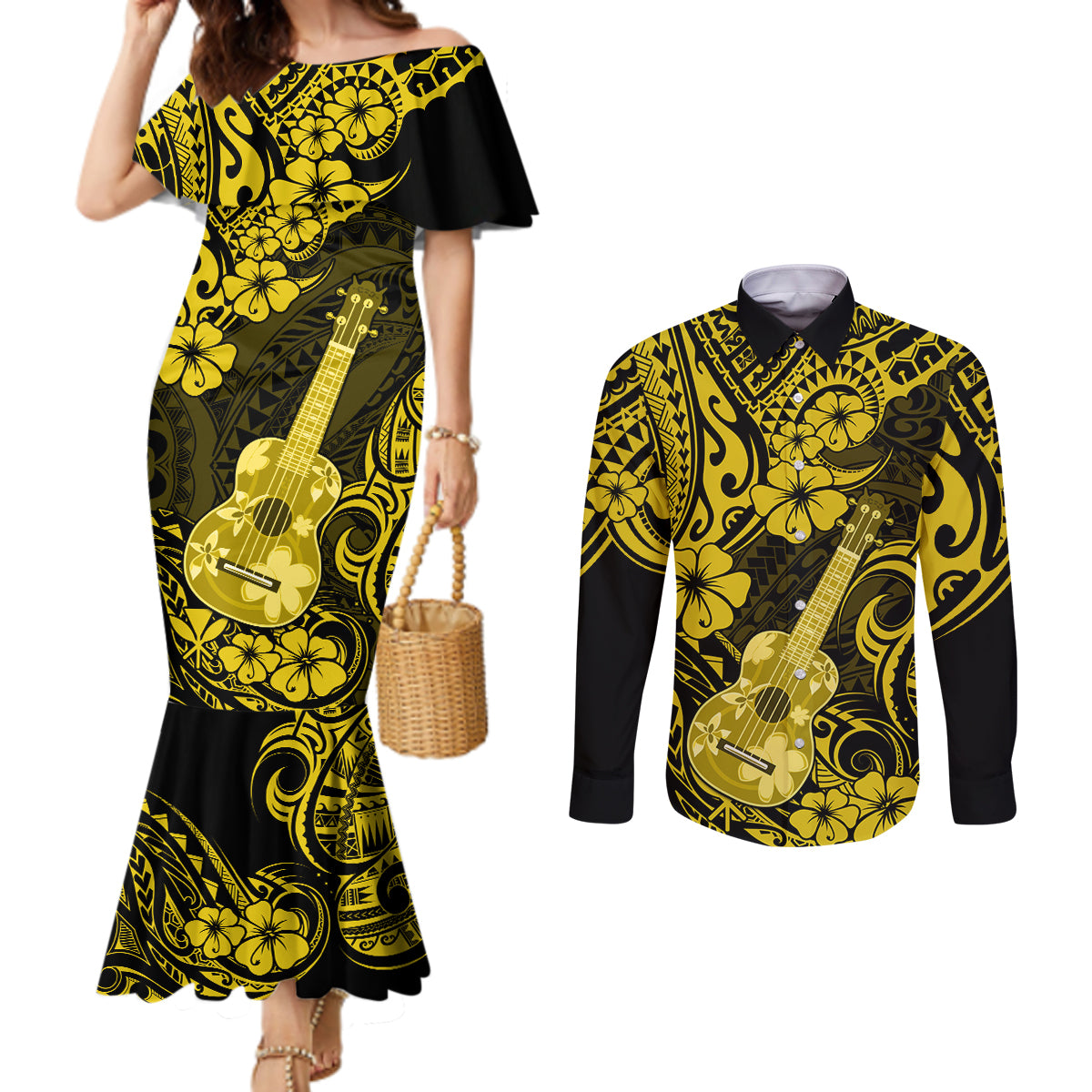 hawaii-ukulele-couples-matching-mermaid-dress-and-long-sleeve-button-shirts-polynesian-pattern-yellow-version