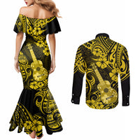 hawaii-ukulele-couples-matching-mermaid-dress-and-long-sleeve-button-shirts-polynesian-pattern-yellow-version