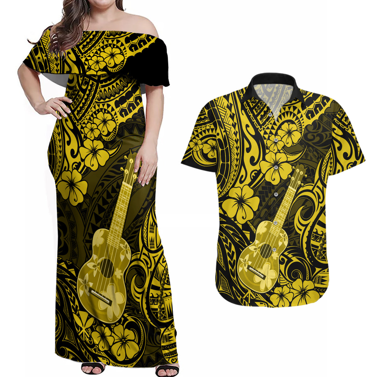 Hawaii Ukulele Couples Matching Off Shoulder Maxi Dress and Hawaiian Shirt Polynesian Pattern Yellow Version - Wonder Print Shop
