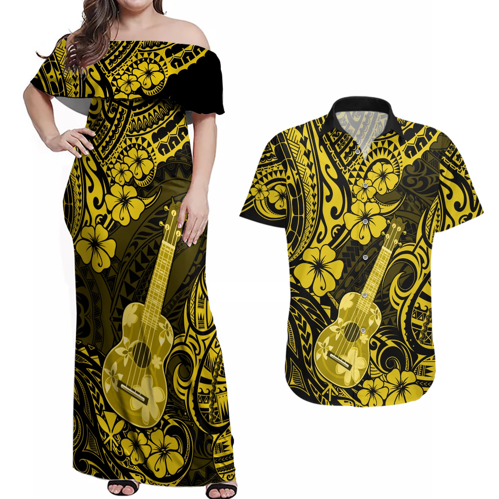 Hawaii Ukulele Couples Matching Off Shoulder Maxi Dress and Hawaiian Shirt Polynesian Pattern Yellow Version - Wonder Print Shop