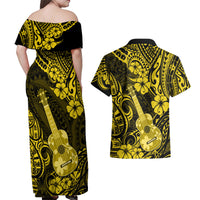 Hawaii Ukulele Couples Matching Off Shoulder Maxi Dress and Hawaiian Shirt Polynesian Pattern Yellow Version - Wonder Print Shop