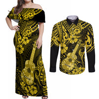 Hawaii Ukulele Couples Matching Off Shoulder Maxi Dress and Long Sleeve Button Shirts Polynesian Pattern Yellow Version - Wonder Print Shop