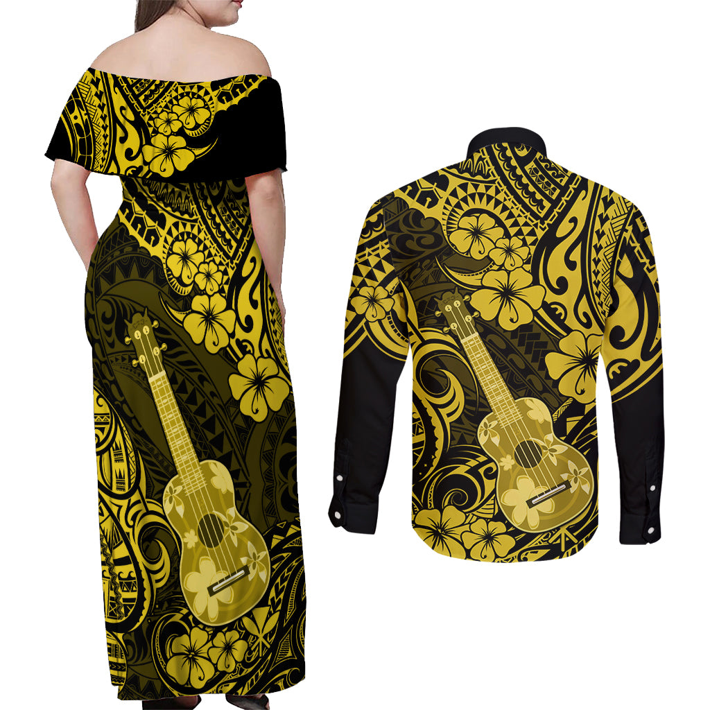 Hawaii Ukulele Couples Matching Off Shoulder Maxi Dress and Long Sleeve Button Shirts Polynesian Pattern Yellow Version - Wonder Print Shop