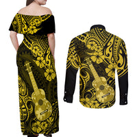 Hawaii Ukulele Couples Matching Off Shoulder Maxi Dress and Long Sleeve Button Shirts Polynesian Pattern Yellow Version - Wonder Print Shop