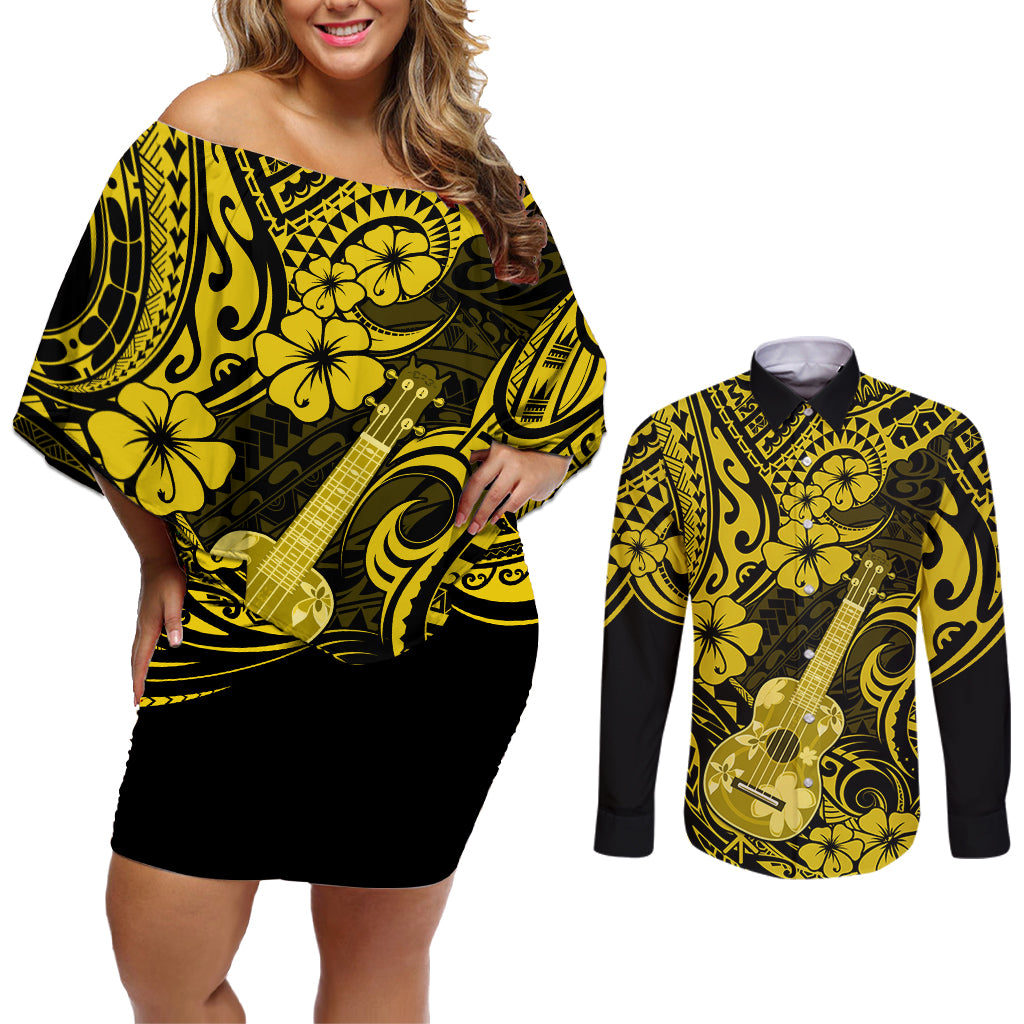 Hawaii Ukulele Couples Matching Off Shoulder Short Dress and Long Sleeve Button Shirts Polynesian Pattern Yellow Version - Wonder Print Shop