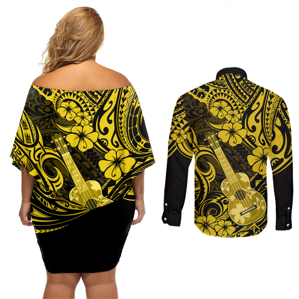 Hawaii Ukulele Couples Matching Off Shoulder Short Dress and Long Sleeve Button Shirts Polynesian Pattern Yellow Version - Wonder Print Shop
