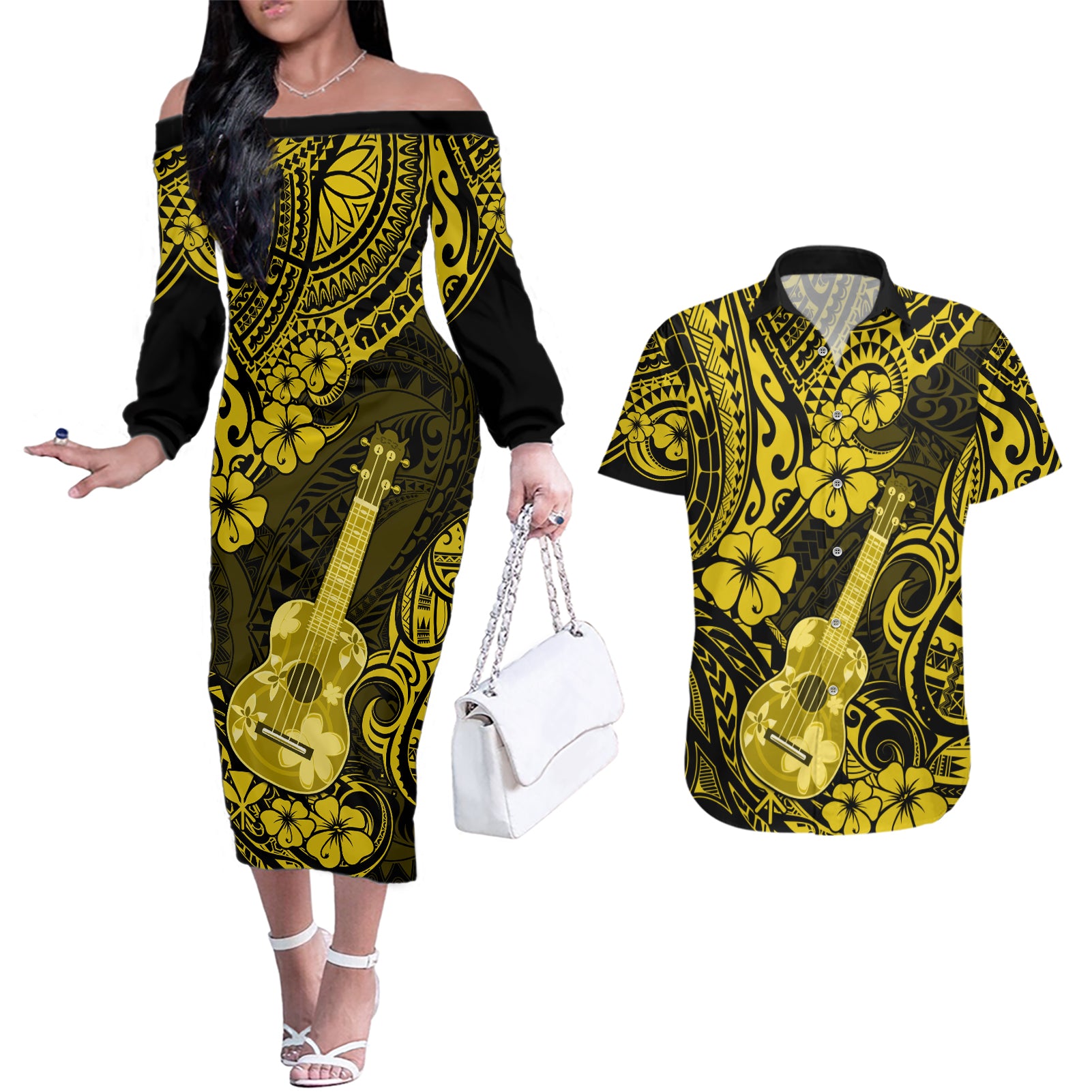 Hawaii Ukulele Couples Matching Off The Shoulder Long Sleeve Dress and Hawaiian Shirt Polynesian Pattern Yellow Version - Wonder Print Shop