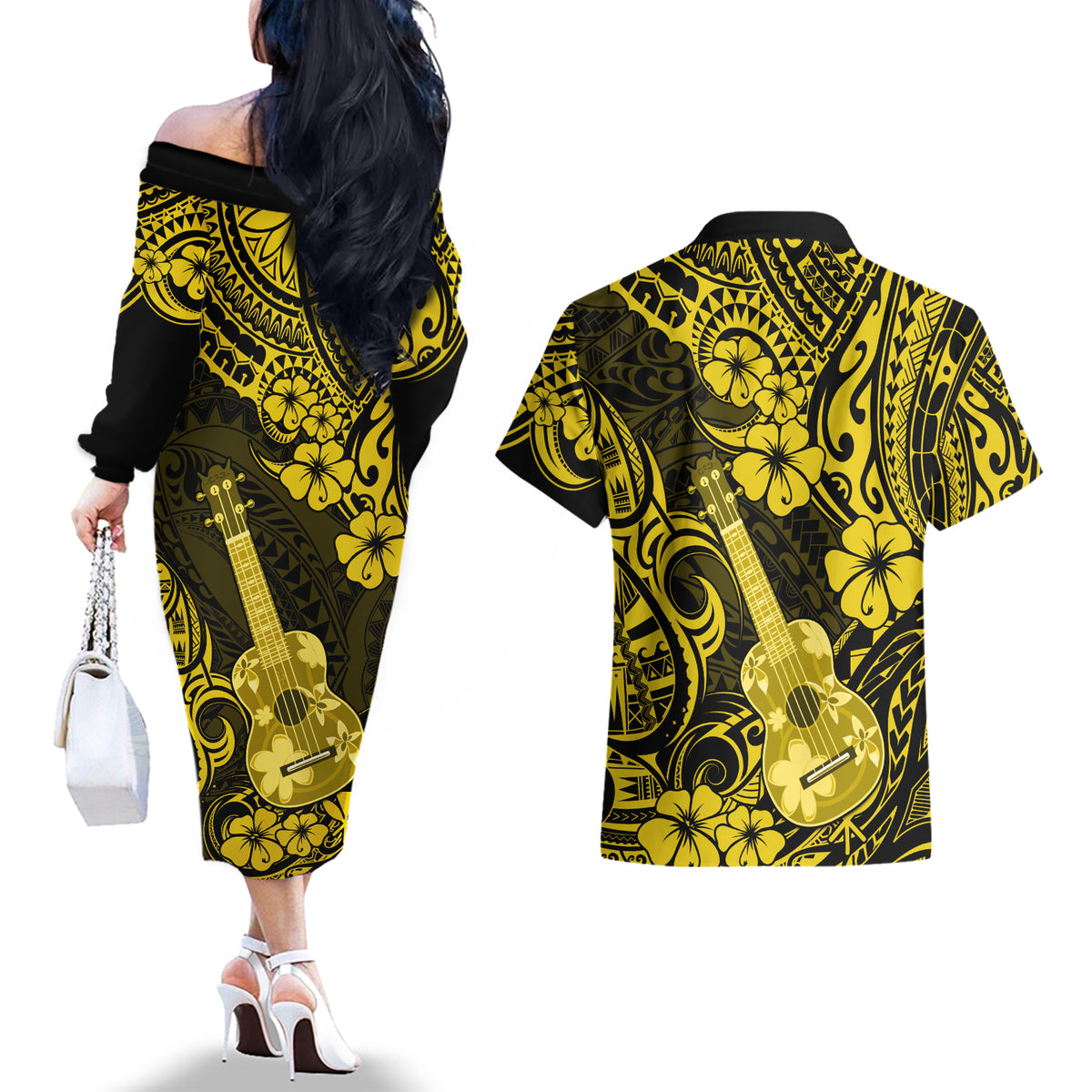 Hawaii Ukulele Couples Matching Off The Shoulder Long Sleeve Dress and Hawaiian Shirt Polynesian Pattern Yellow Version - Wonder Print Shop