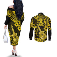 hawaii-ukulele-couples-matching-off-the-shoulder-long-sleeve-dress-and-long-sleeve-button-shirts-polynesian-pattern-yellow-version