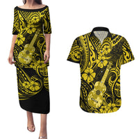 Hawaii Ukulele Couples Matching Puletasi Dress and Hawaiian Shirt Polynesian Pattern Yellow Version - Wonder Print Shop