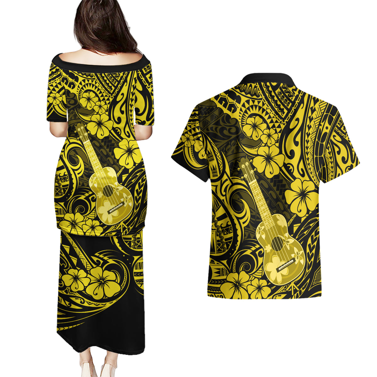 Hawaii Ukulele Couples Matching Puletasi Dress and Hawaiian Shirt Polynesian Pattern Yellow Version - Wonder Print Shop