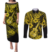Hawaii Ukulele Couples Matching Puletasi Dress and Long Sleeve Button Shirts Polynesian Pattern Yellow Version - Wonder Print Shop