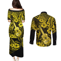 Hawaii Ukulele Couples Matching Puletasi Dress and Long Sleeve Button Shirts Polynesian Pattern Yellow Version - Wonder Print Shop