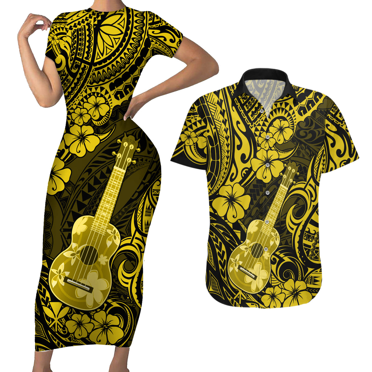 Hawaii Ukulele Couples Matching Short Sleeve Bodycon Dress and Hawaiian Shirt Polynesian Pattern Yellow Version - Wonder Print Shop