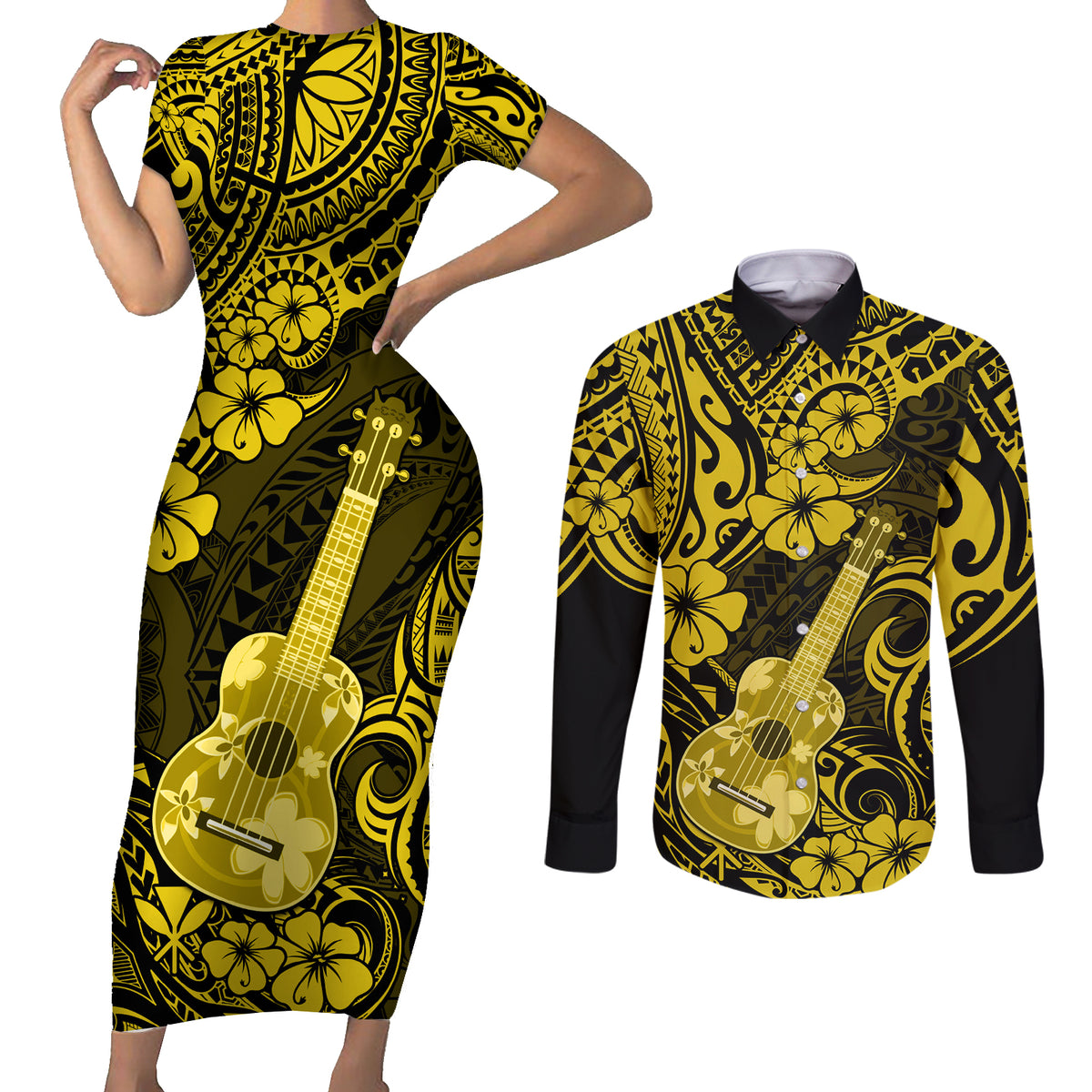 Hawaii Ukulele Couples Matching Short Sleeve Bodycon Dress and Long Sleeve Button Shirts Polynesian Pattern Yellow Version - Wonder Print Shop