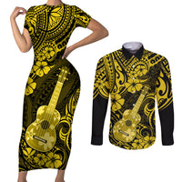 Hawaii Ukulele Couples Matching Short Sleeve Bodycon Dress and Long Sleeve Button Shirts Polynesian Pattern Yellow Version - Wonder Print Shop